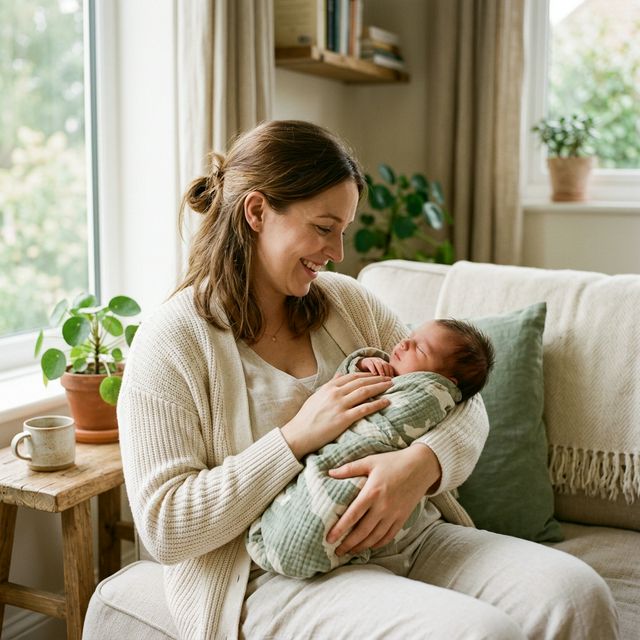 A happy mother gently holding her newborn baby in a bright, cozy living room